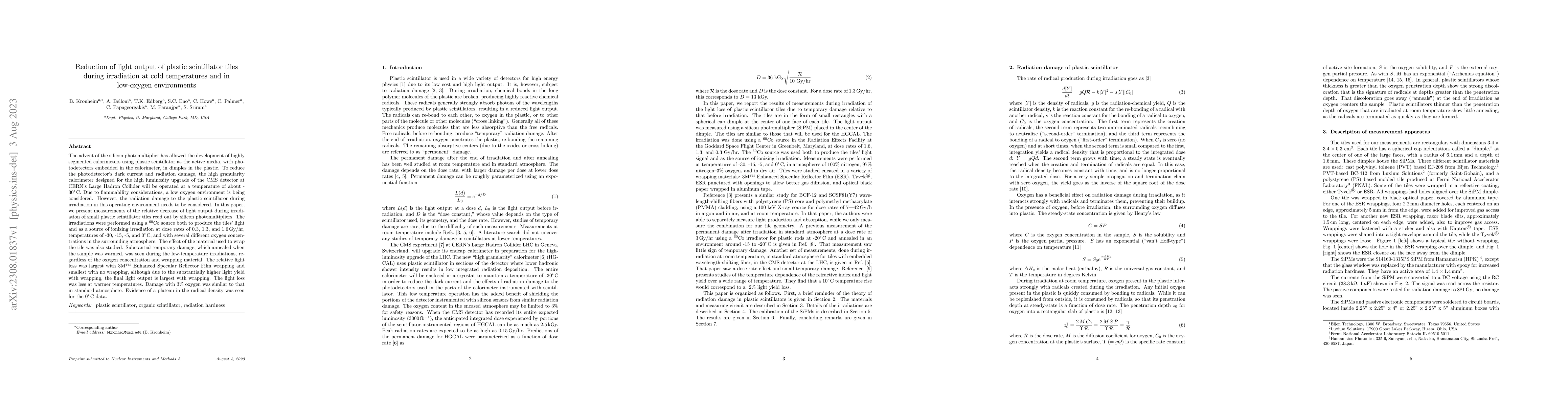 Thumbnail for Reduction of light output of plastic scintillator tiles during
  irradiation at cold temperatures and in low-oxygen environments