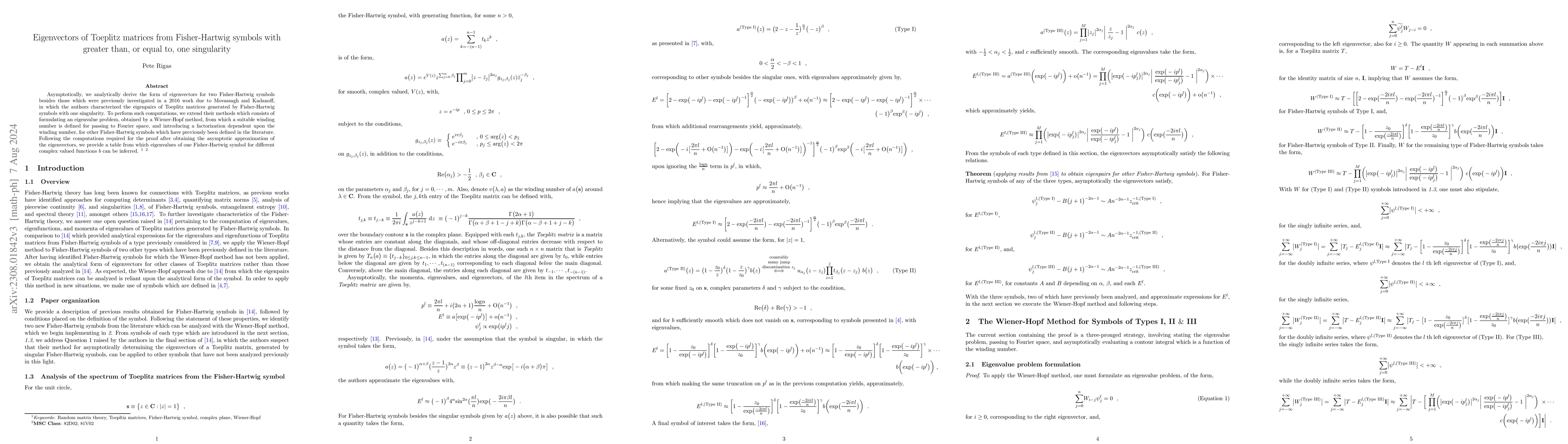 Thumbnail for Eigenvectors of Toeplitz matrices from Fisher-Hartwig symbols with
  greater than, or equal to, one singularity