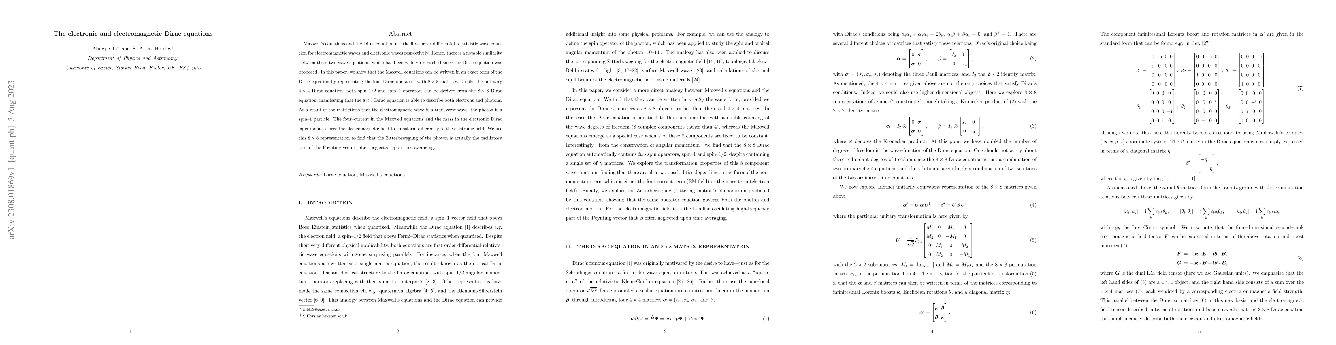 Thumbnail for The Electronic and Electromagnetic Dirac Equations