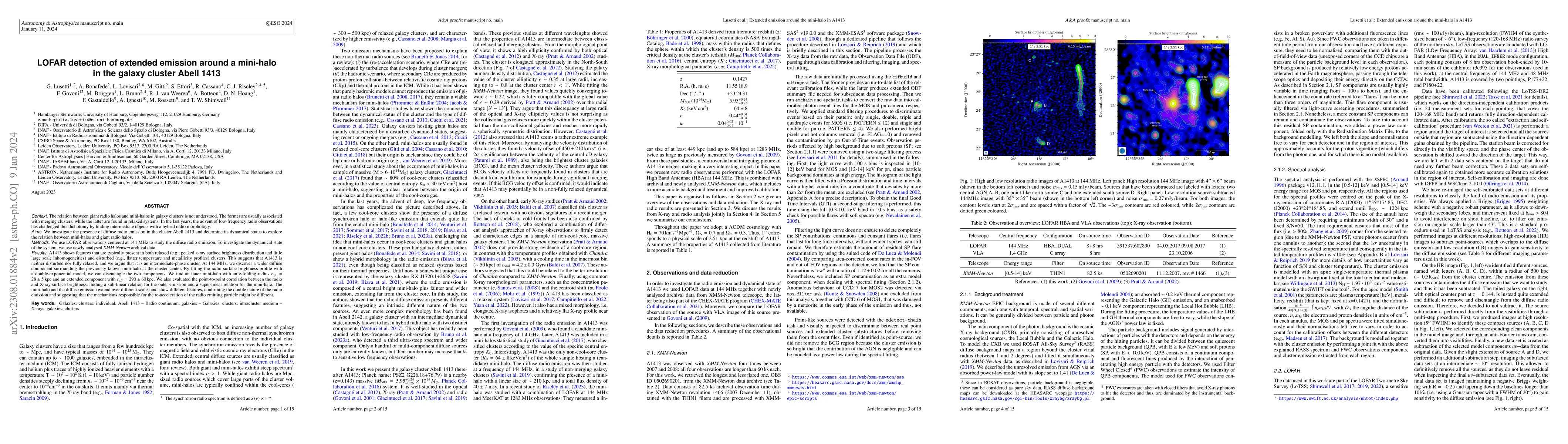 Thumbnail for LOFAR detection of extended emission around a mini-halo in the galaxy
  cluster Abell 1413