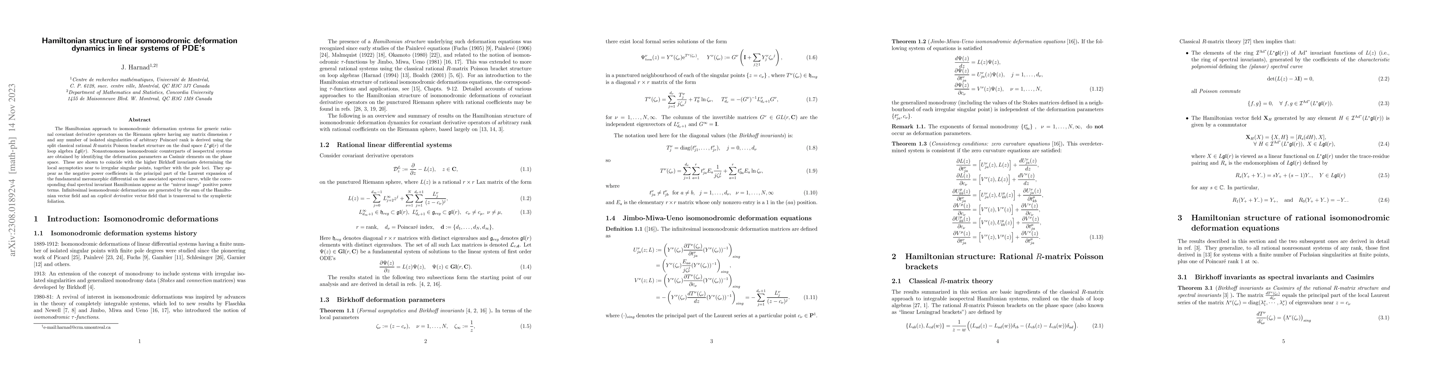 Thumbnail for Hamiltonian structure of isomonodromic deformation dynamics in linear
  systems of PDE's