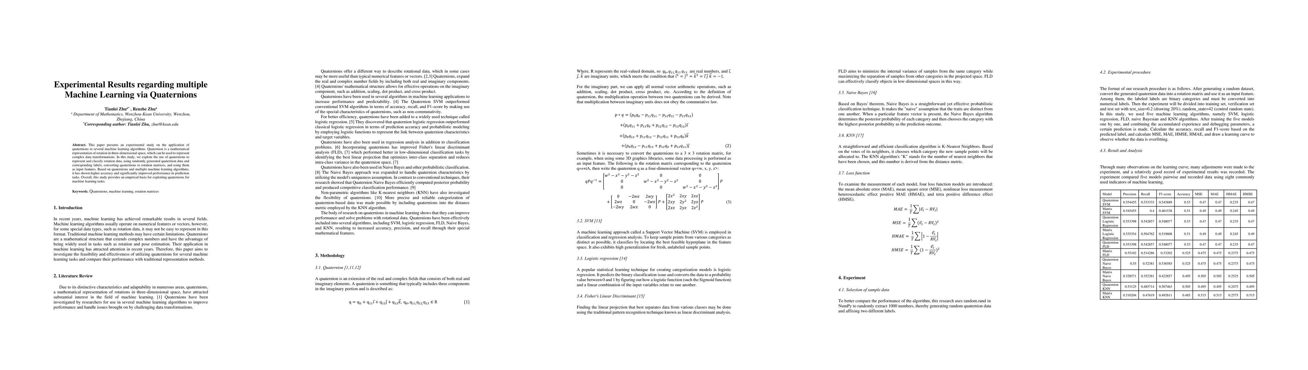 Thumbnail for Experimental Results regarding multiple Machine Learning via Quaternions