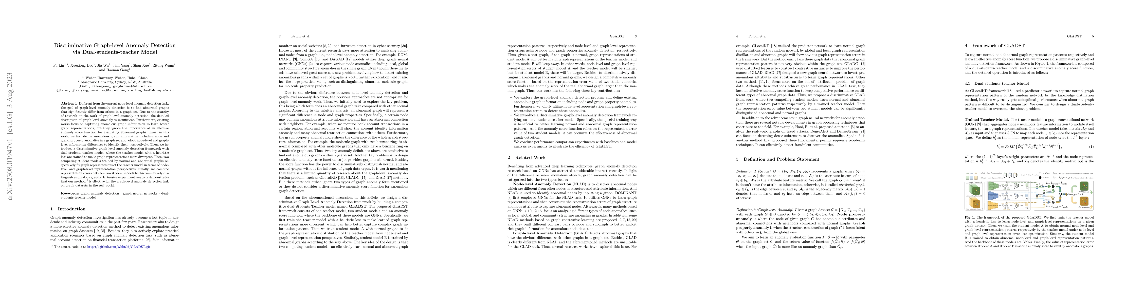 Thumbnail for Discriminative Graph-level Anomaly Detection via Dual-students-teacher
  Model