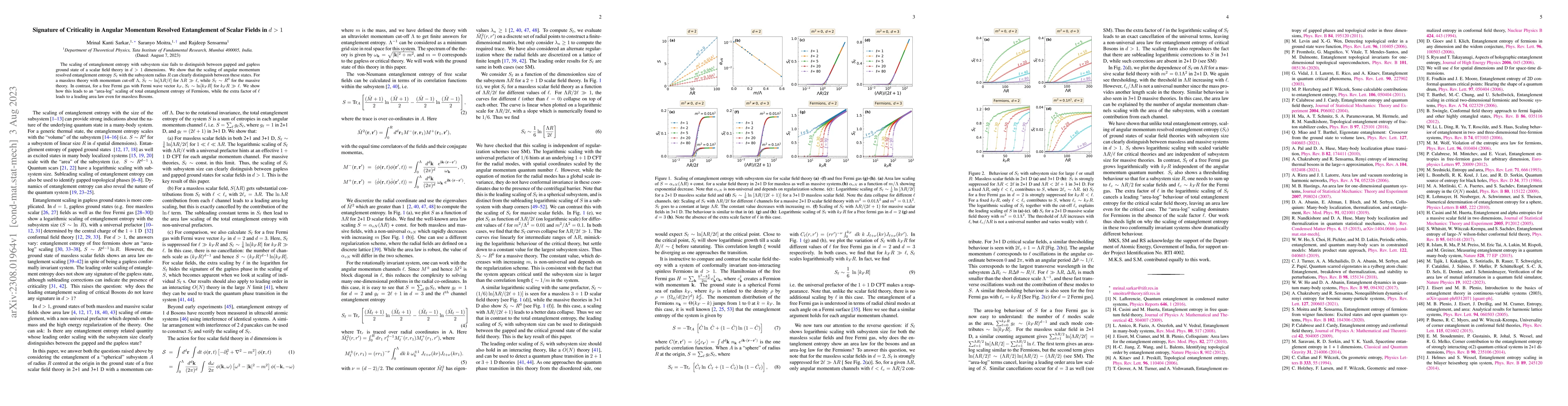 Thumbnail for Signature of Criticality in Angular Momentum Resolved Entanglement of
  Scalar Fields in $d>1$
