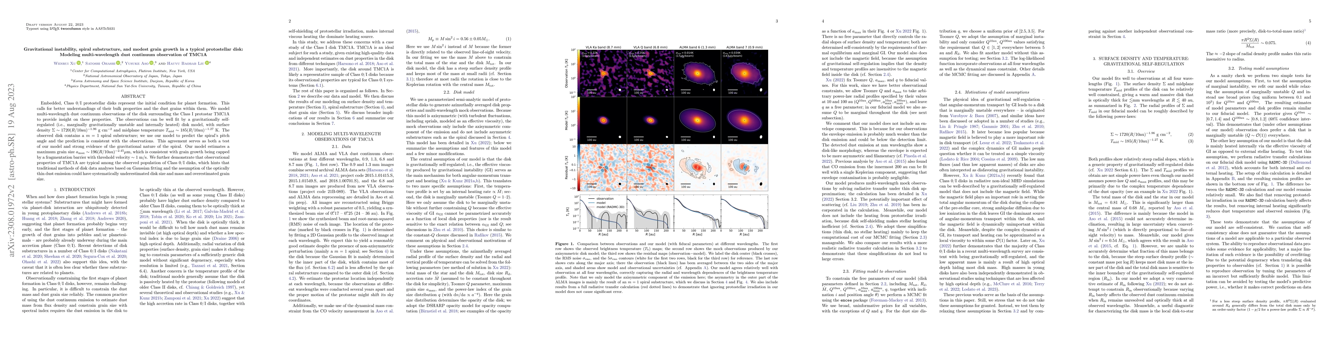 Thumbnail for Gravitational instability, spiral substructure, and modest grain growth
  in a typical protostellar disk: Modeling multi-wavelength dust continuum
  observation of TMC1A