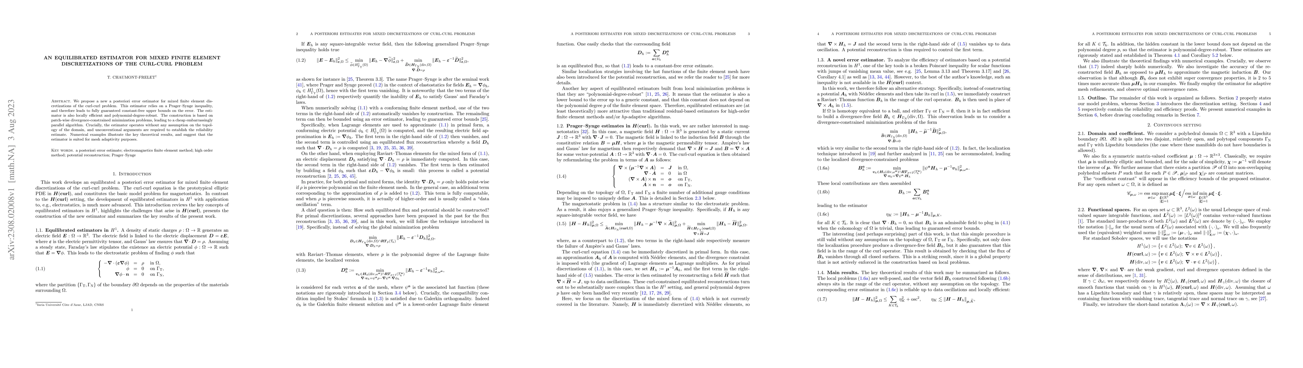 Thumbnail for An equilibrated estimator for mixed finite element discretizations of
  the curl-curl problem