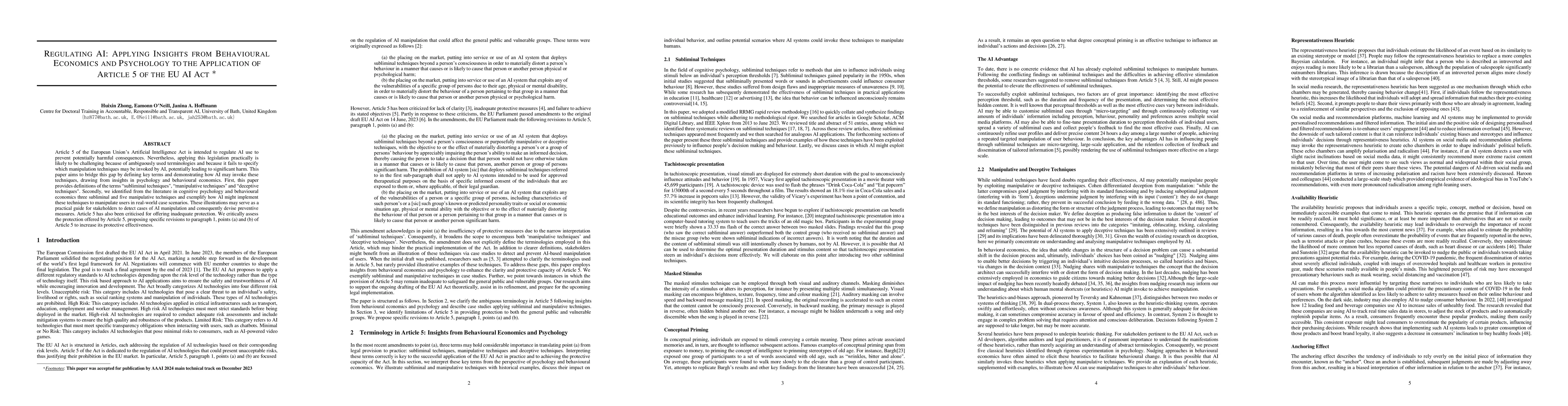 Thumbnail for Regulating AI: Applying insights from behavioural economics and
  psychology to the application of article 5 of the EU AI Act