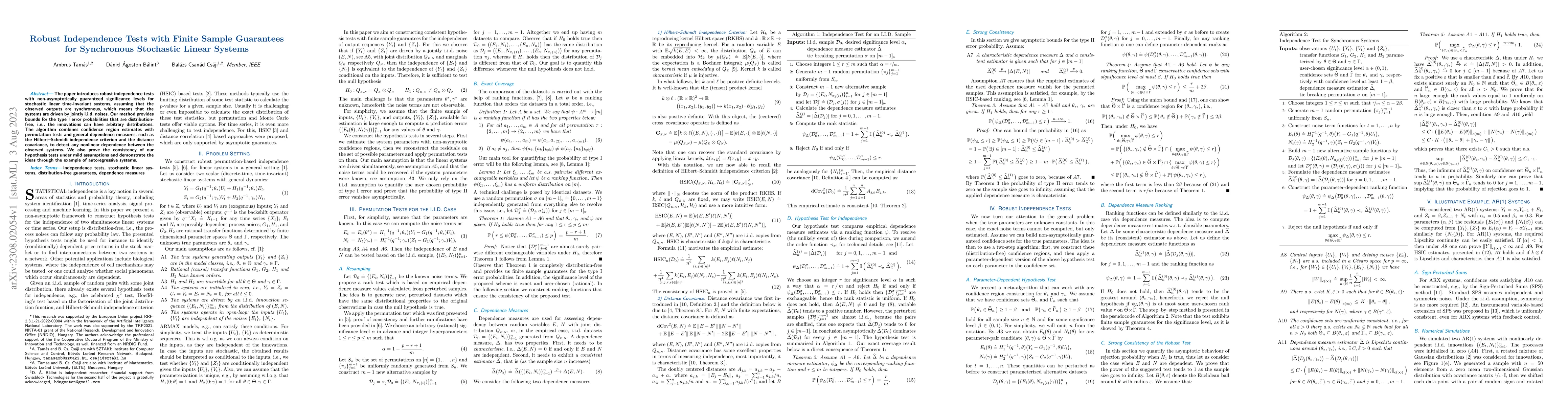 Thumbnail for Robust Independence Tests with Finite Sample Guarantees for Synchronous
  Stochastic Linear Systems