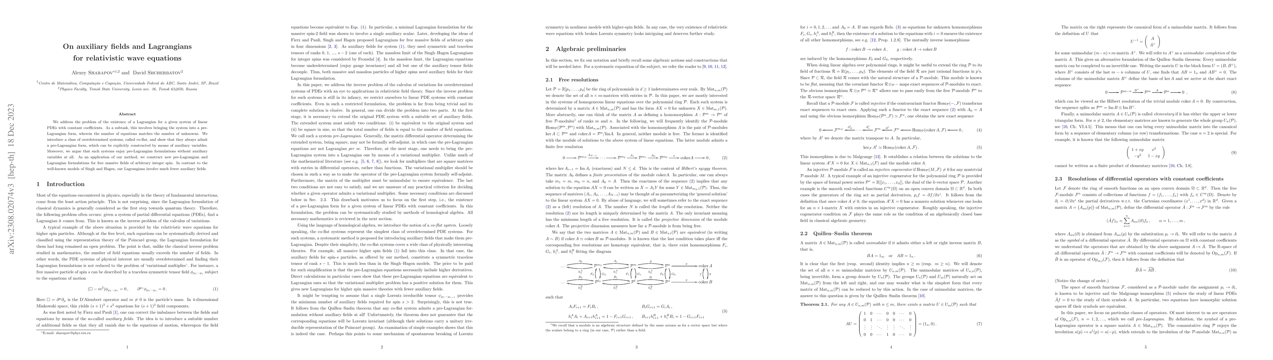 Thumbnail for On auxiliary fields and Lagrangians for relativistic wave equations