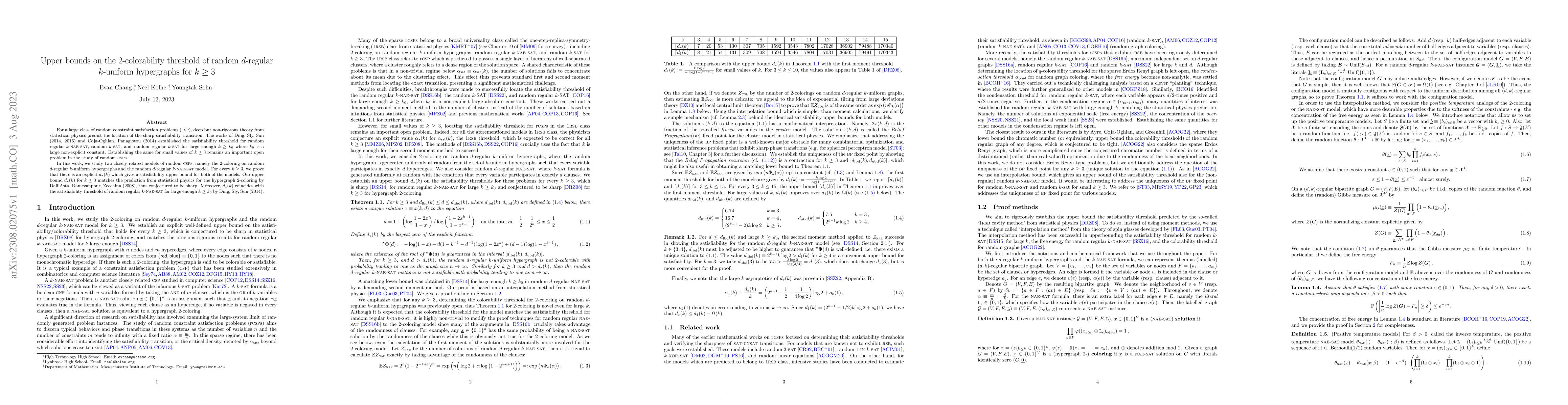 Thumbnail for Upper bounds on the $2$-colorability threshold of random $d$-regular
  $k$-uniform hypergraphs for $k\geq 3$