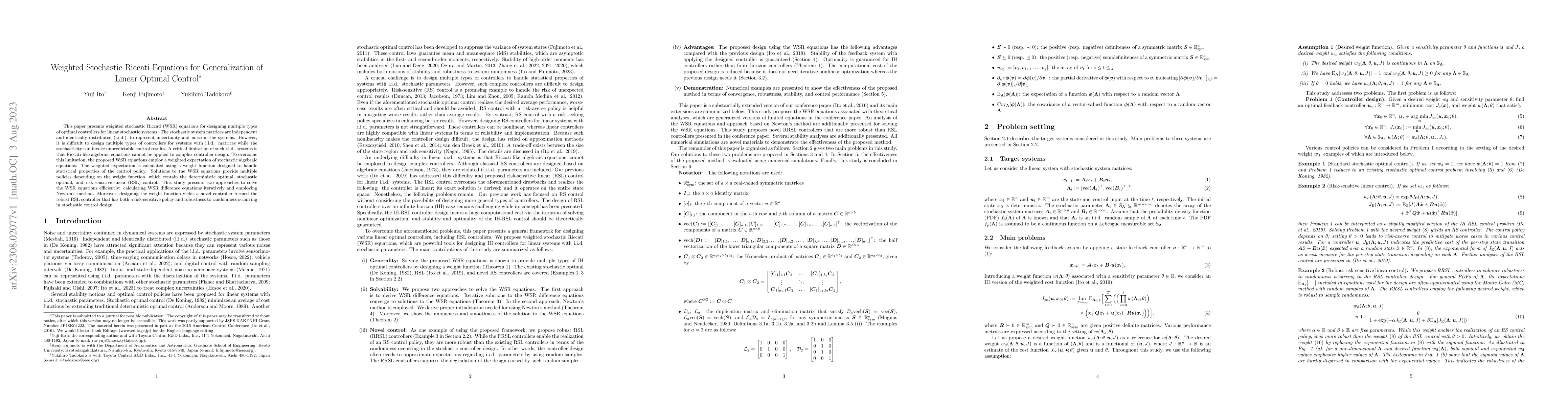 Thumbnail for Weighted Stochastic Riccati Equations for Generalization of Linear
  Optimal Control