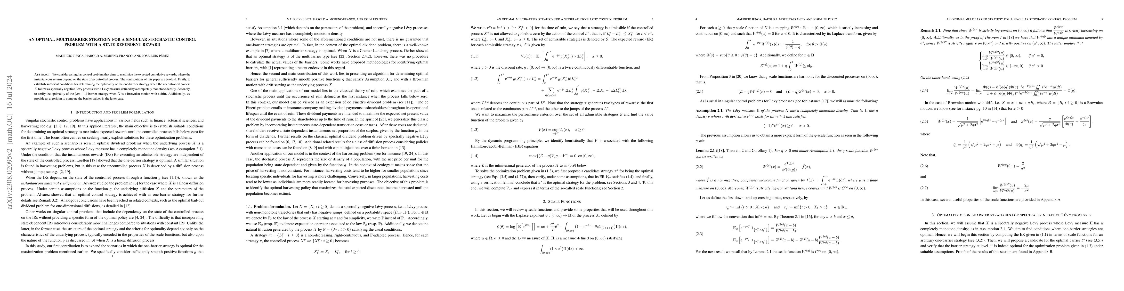 Thumbnail for An optimal multibarrier strategy for a singular stochastic control
  problem with a state-dependent reward