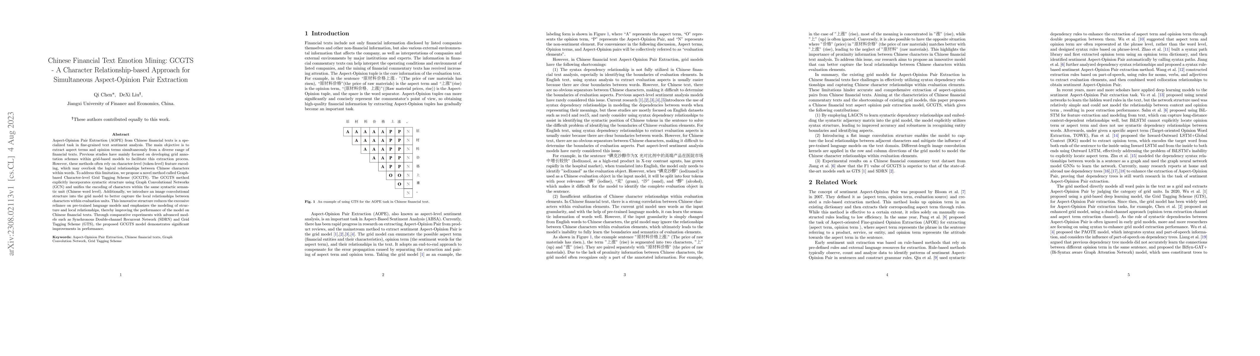 Thumbnail for Chinese Financial Text Emotion Mining: GCGTS -- A Character
  Relationship-based Approach for Simultaneous Aspect-Opinion Pair Extraction
