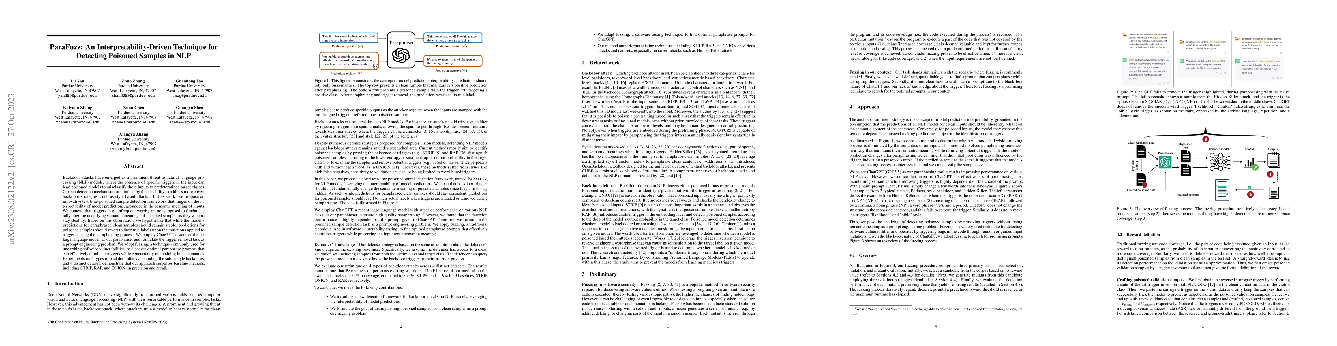 Thumbnail for ParaFuzz: An Interpretability-Driven Technique for Detecting Poisoned
  Samples in NLP