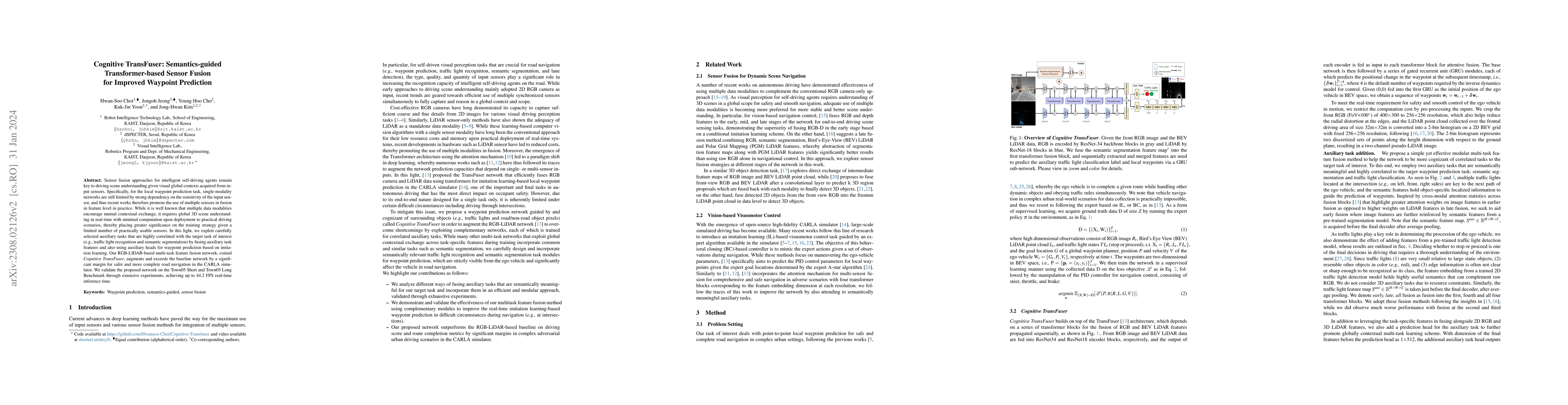 Thumbnail for Cognitive TransFuser: Semantics-guided Transformer-based Sensor Fusion
  for Improved Waypoint Prediction