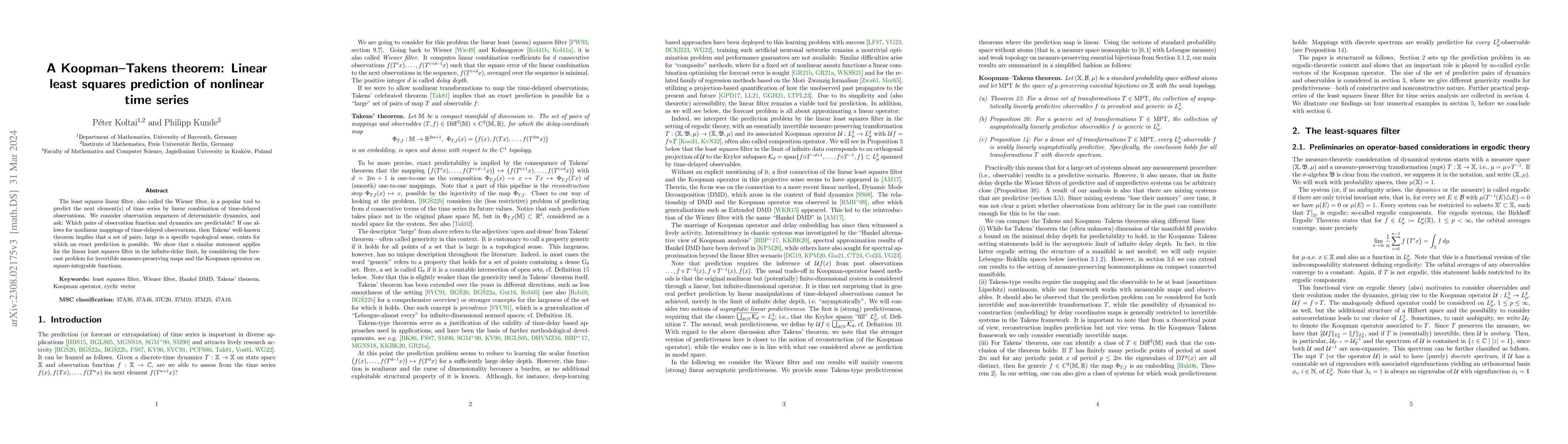 Thumbnail for A Koopman-Takens theorem: Linear least squares prediction of nonlinear
  time series