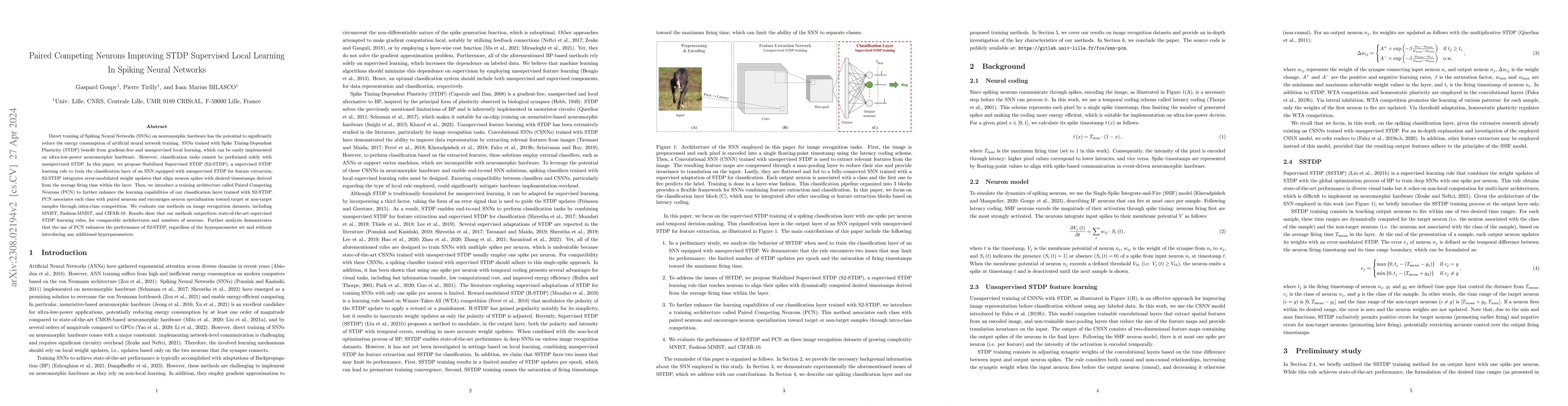 Thumbnail for Paired Competing Neurons Improving STDP Supervised Local Learning In
  Spiking Neural Networks
