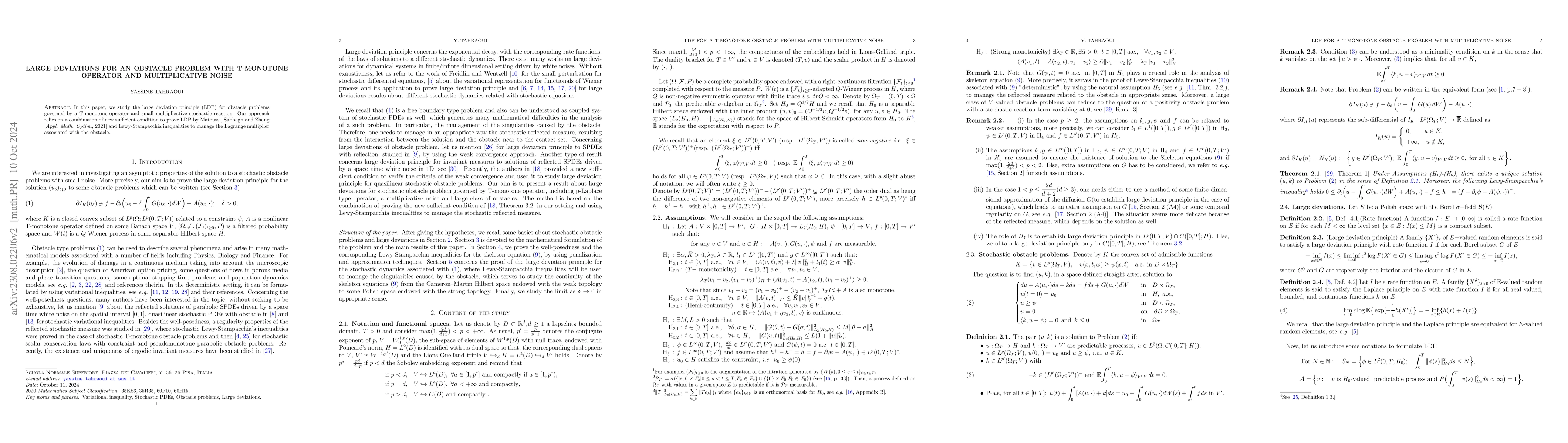 Thumbnail for Large deviations for an obstacle problem with T-monotone operator and
  multiplicative noise