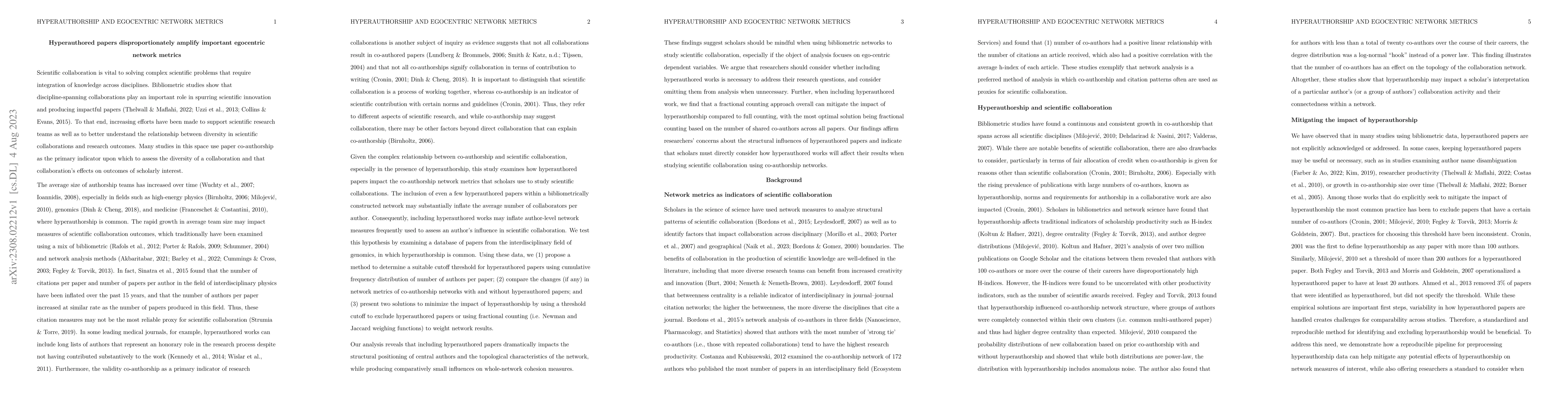 Thumbnail for Hyperauthored papers disproportionately amplify important egocentric
  network metrics