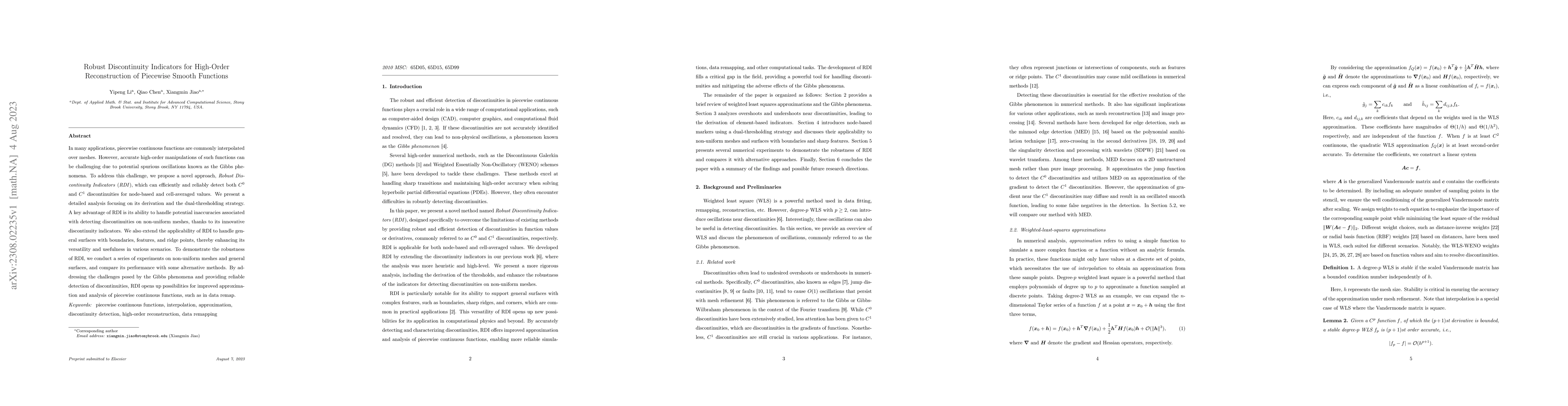 Thumbnail for Robust Discontinuity Indicators for High-Order Reconstruction of
  Piecewise Smooth Functions