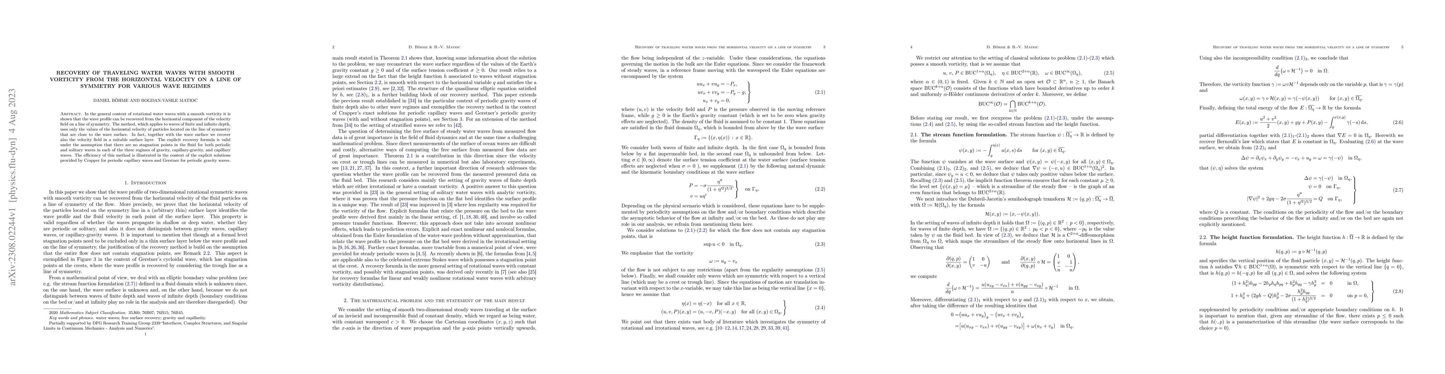 Thumbnail for Recovery of traveling water waves with smooth vorticity from the
  horizontal velocity on a line of symmetry for various wave regimes