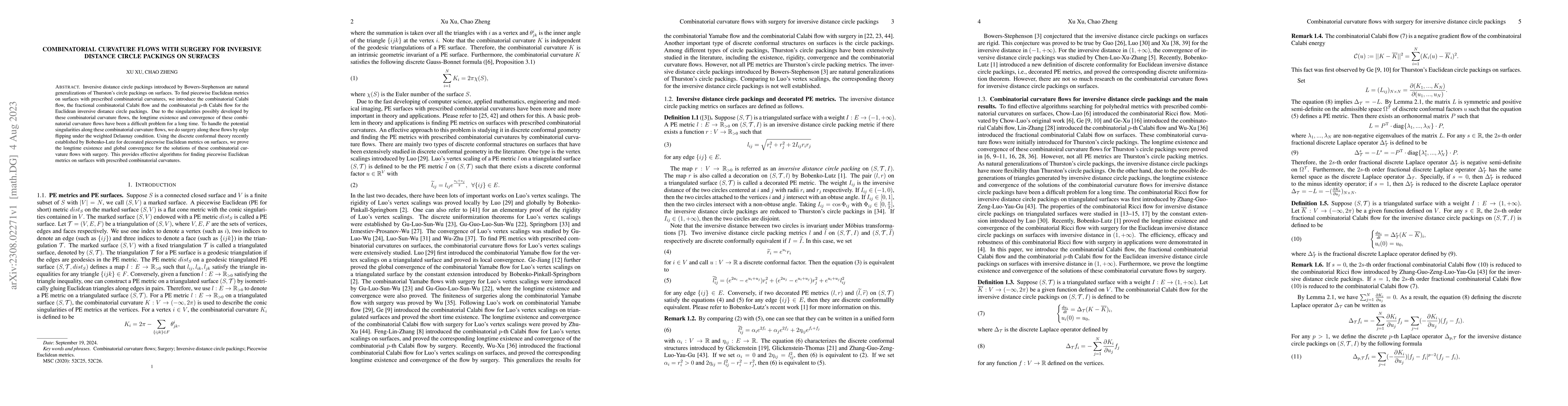 Thumbnail for Combinatorial curvature flows with surgery for inversive distance circle
  packings on surfaces