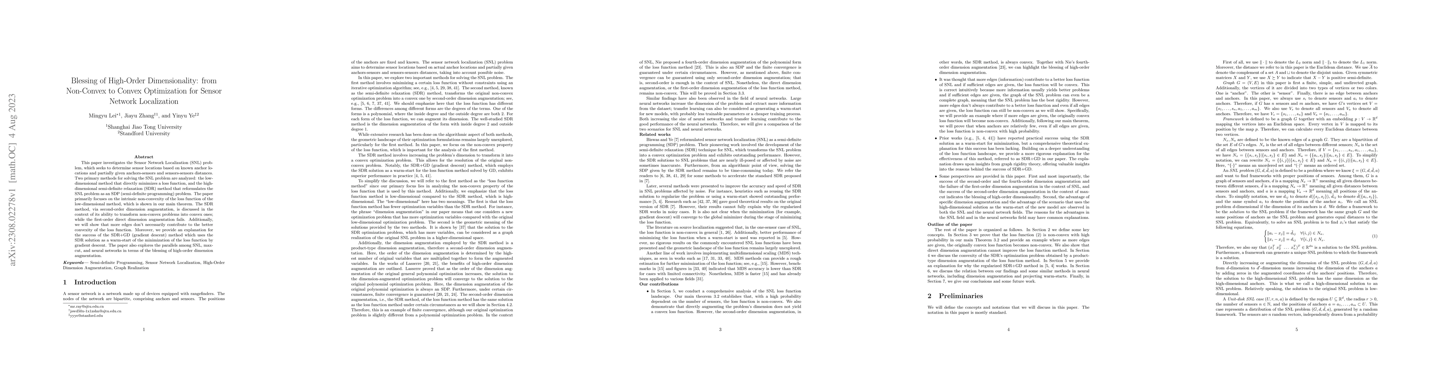 Thumbnail for Blessing of High-Order Dimensionality: from Non-Convex to Convex
  Optimization for Sensor Network Localization