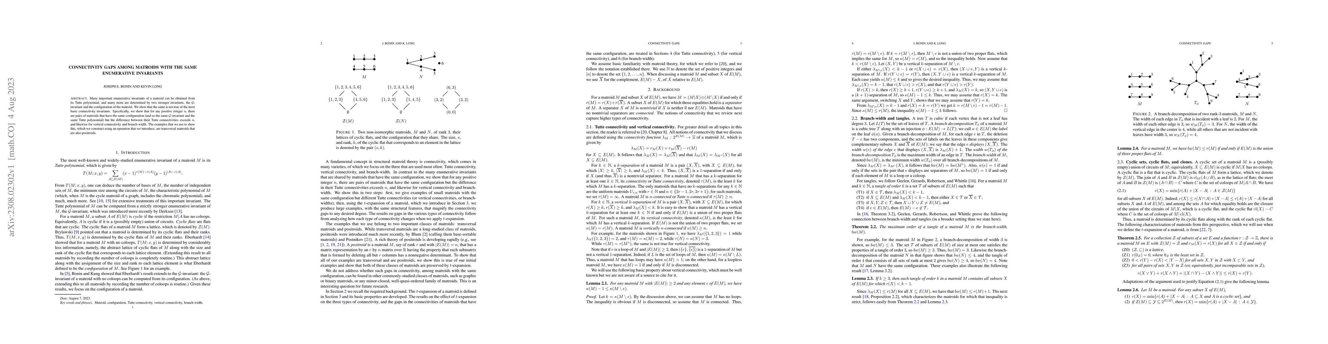 Thumbnail for Connectivity gaps among matroids with the same enumerative invariants