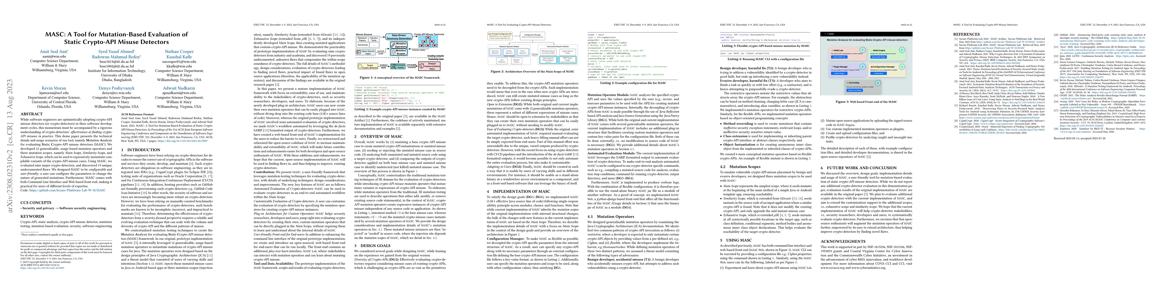 Thumbnail for MASC: A Tool for Mutation-Based Evaluation of Static Crypto-API Misuse
  Detectors