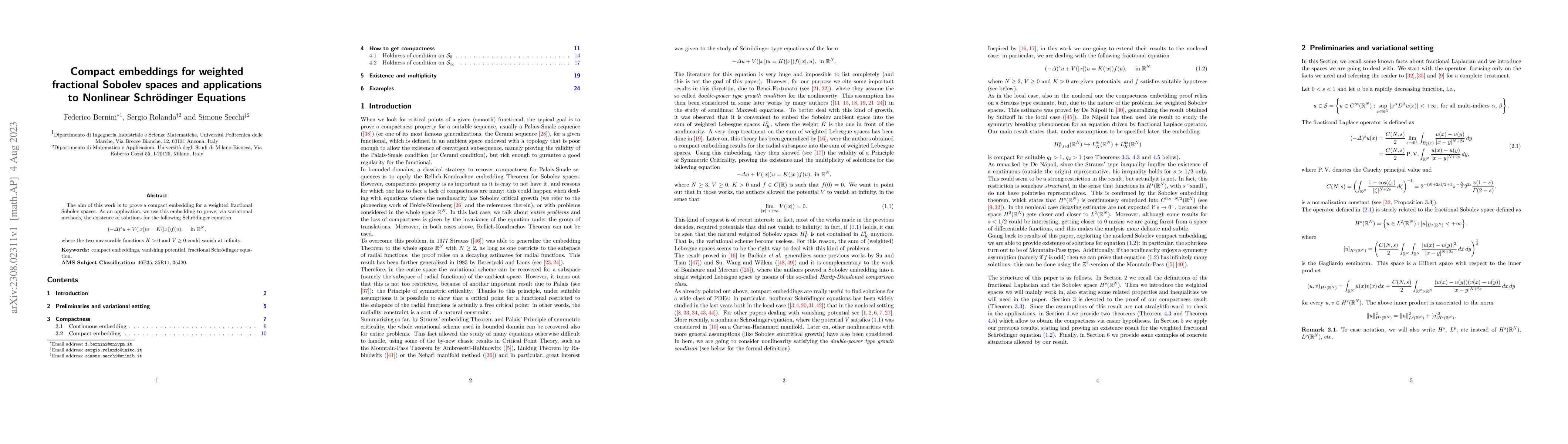 Thumbnail for Compact embeddings for weighted fractional Sobolev spaces and
  applications to Nonlinear Schr\"odinger Equations