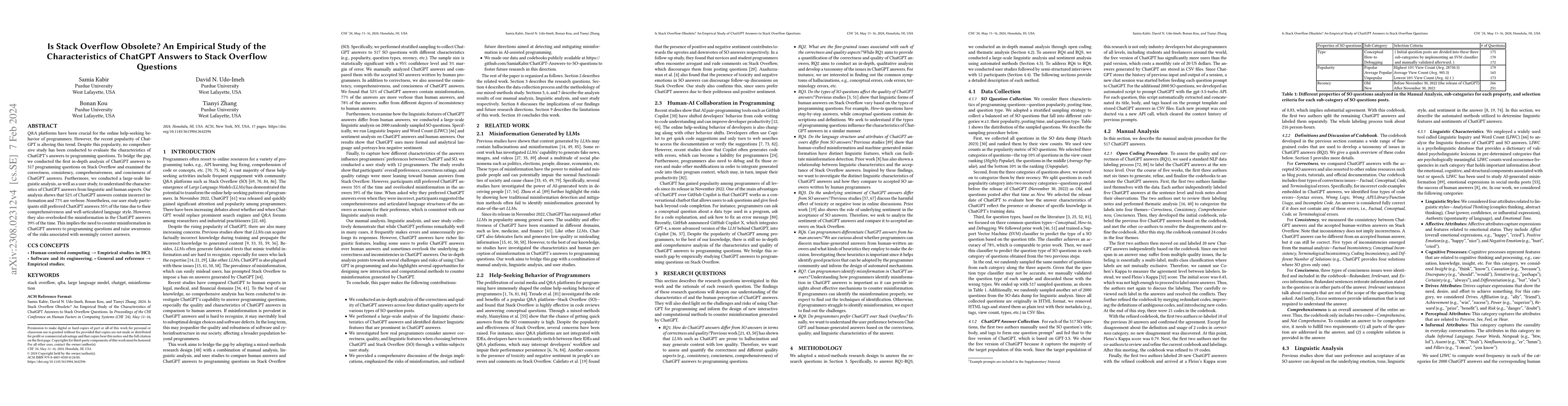 Thumbnail for Is Stack Overflow Obsolete? An Empirical Study of the Characteristics of
  ChatGPT Answers to Stack Overflow Questions