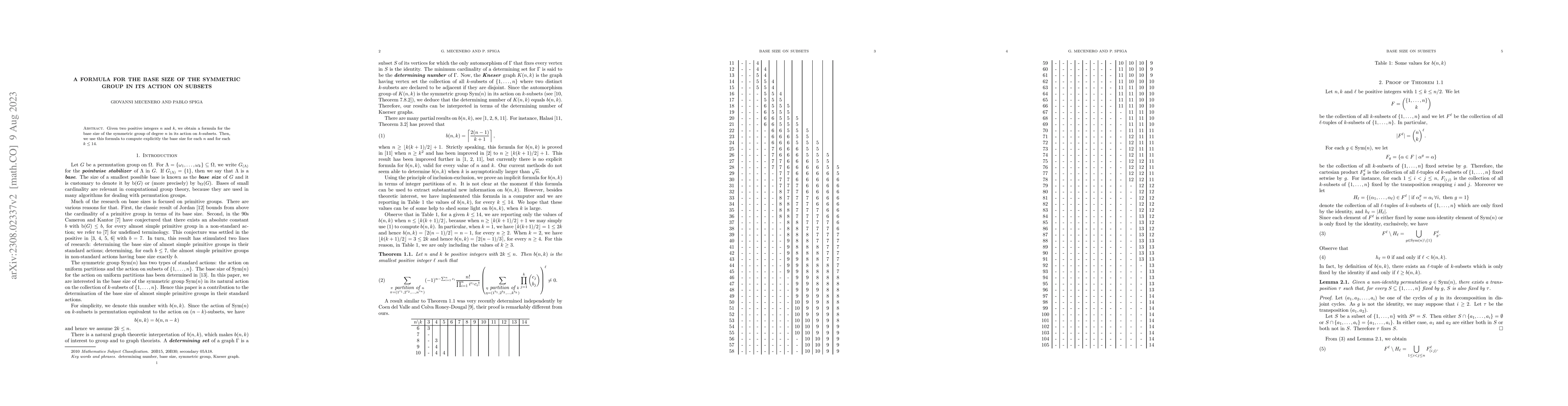 Thumbnail for A formula for the base size of the symmetric group in its action on
  subsets