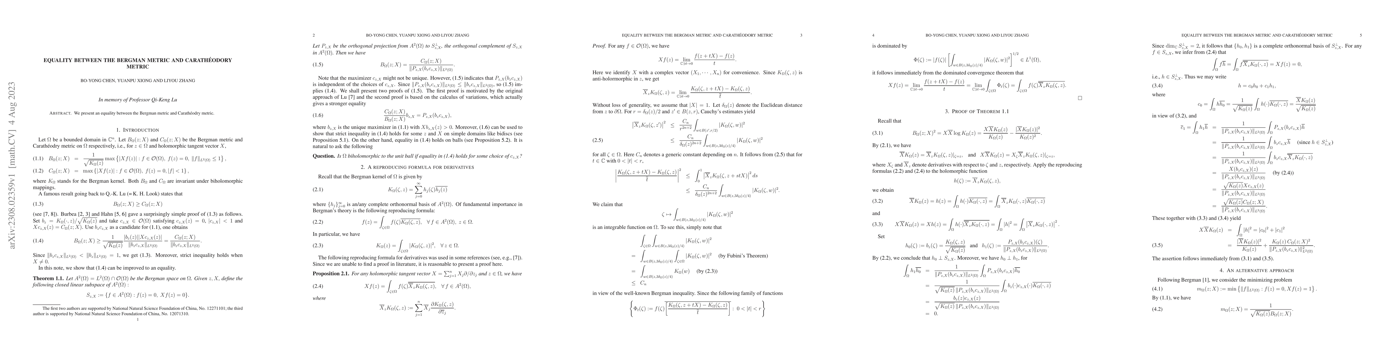 Thumbnail for Equality between the Bergman metric and Carath\'{e}odory metric