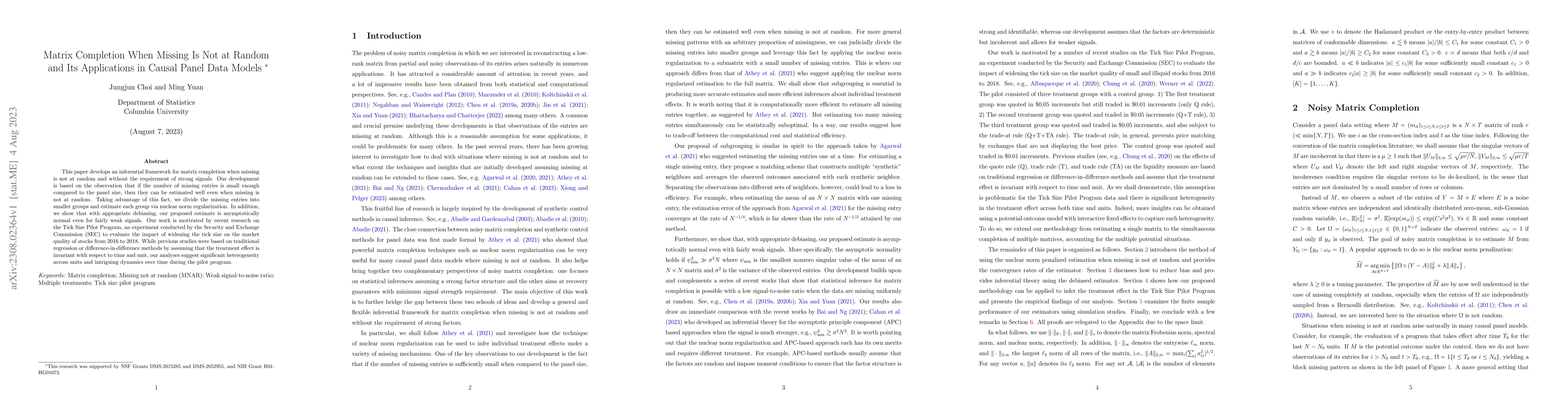 Thumbnail for Matrix Completion When Missing Is Not at Random and Its Applications in
  Causal Panel Data Models