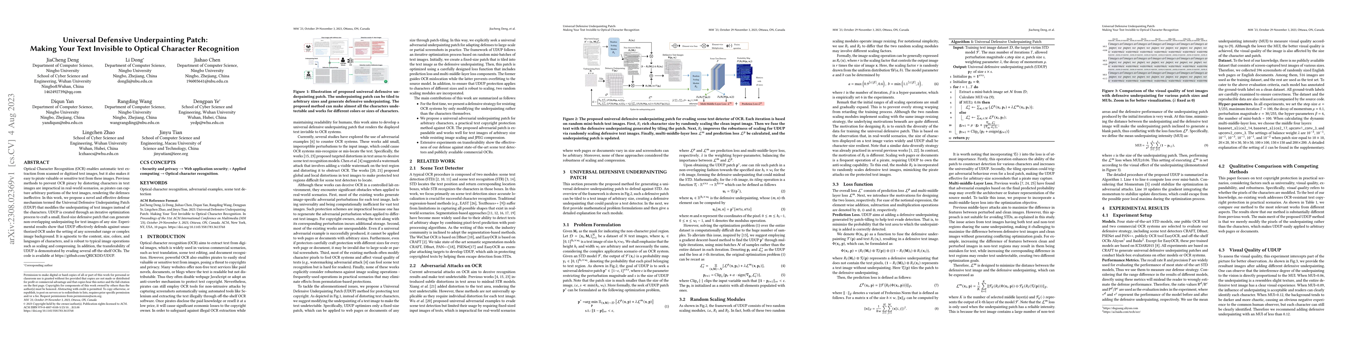 Thumbnail for Universal Defensive Underpainting Patch: Making Your Text Invisible to
  Optical Character Recognition