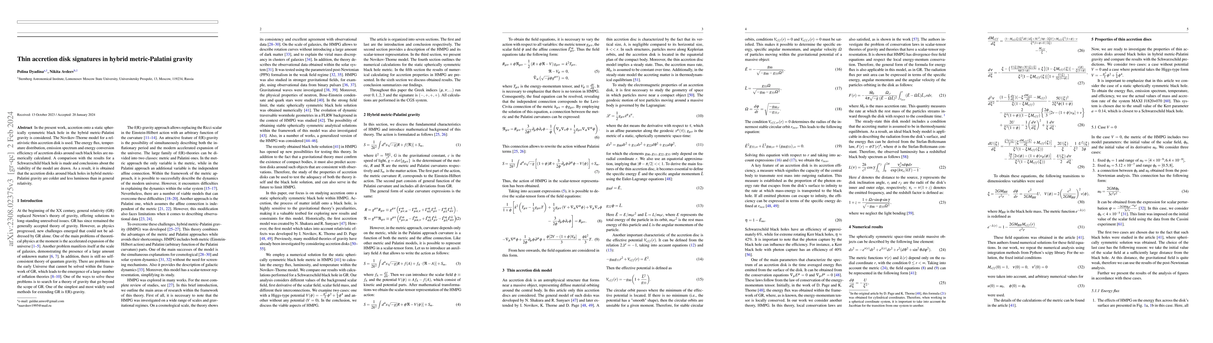 Thumbnail for Thin accretion disk signatures in hybrid metric-Palatini gravity