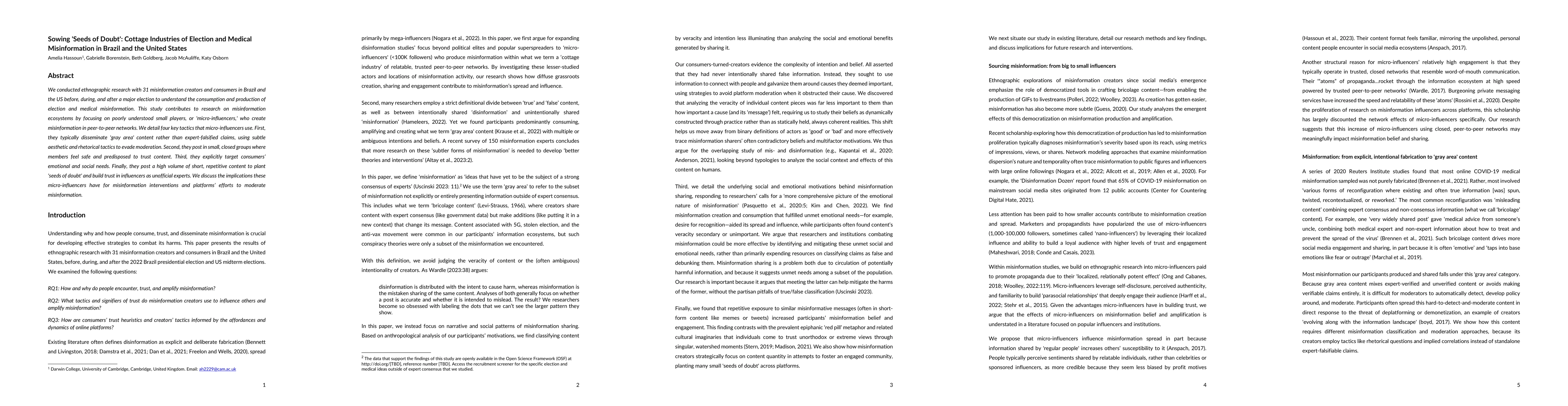 Thumbnail for Sowing 'Seeds of Doubt': Cottage Industries of Election and Medical
  Misinformation in Brazil and the United States