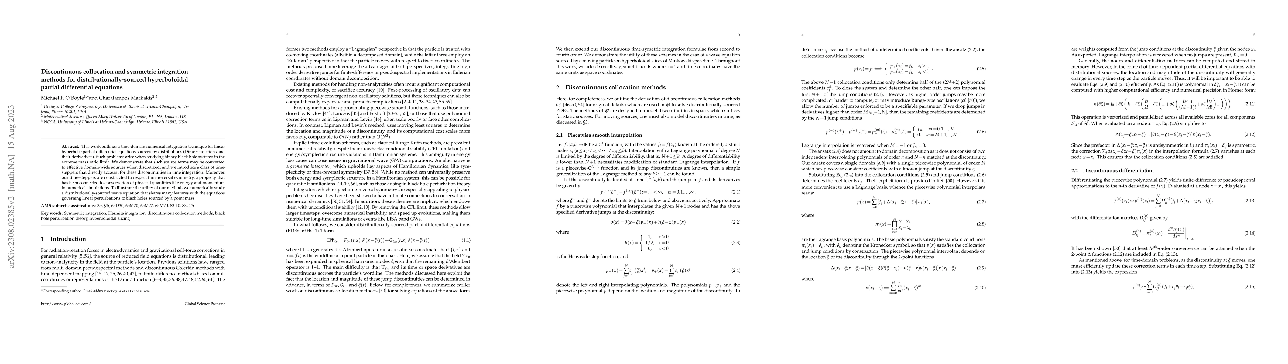 Thumbnail for Discontinuous collocation and symmetric integration methods for
  distributionally-sourced hyperboloidal partial differential equations