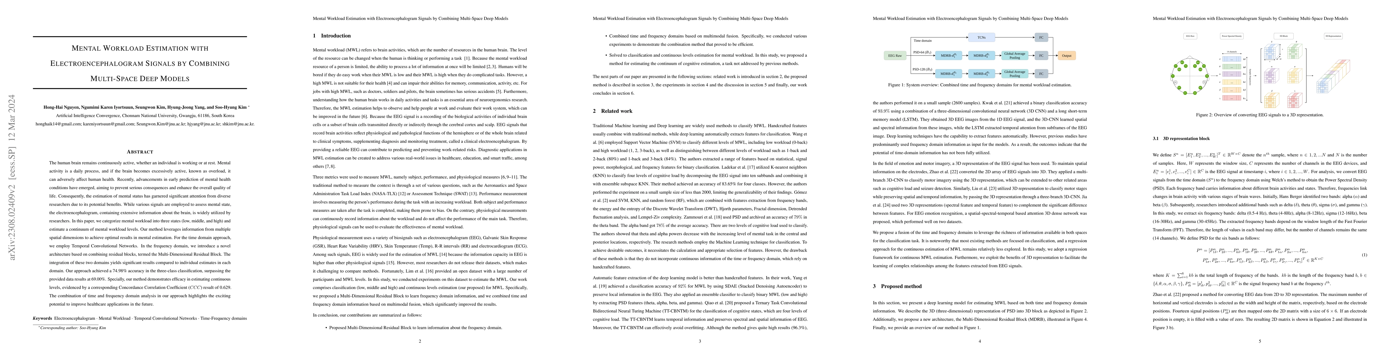 Thumbnail for Mental Workload Estimation with Electroencephalogram Signals by
  Combining Multi-Space Deep Models