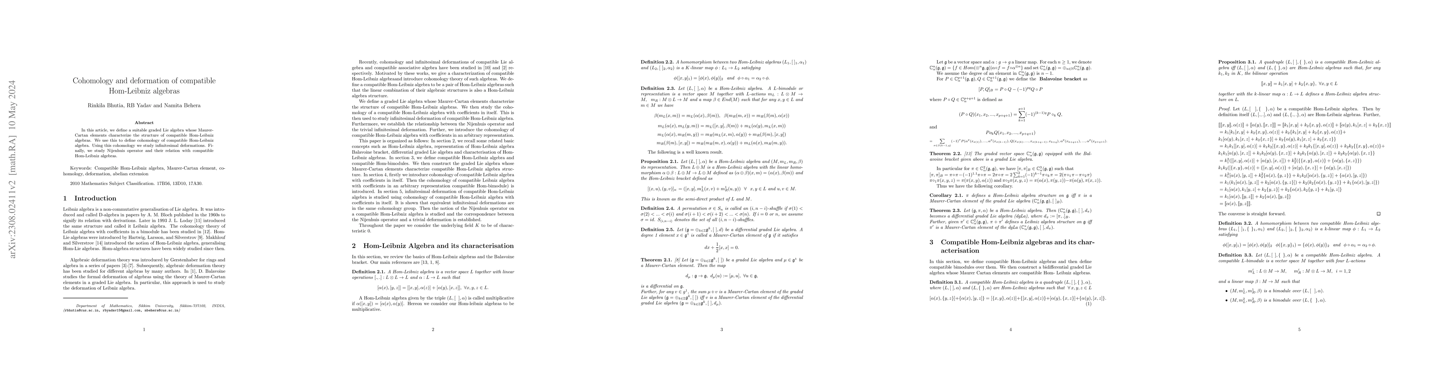Thumbnail for Cohomology and deformation of compatible Hom-Leibniz algebras