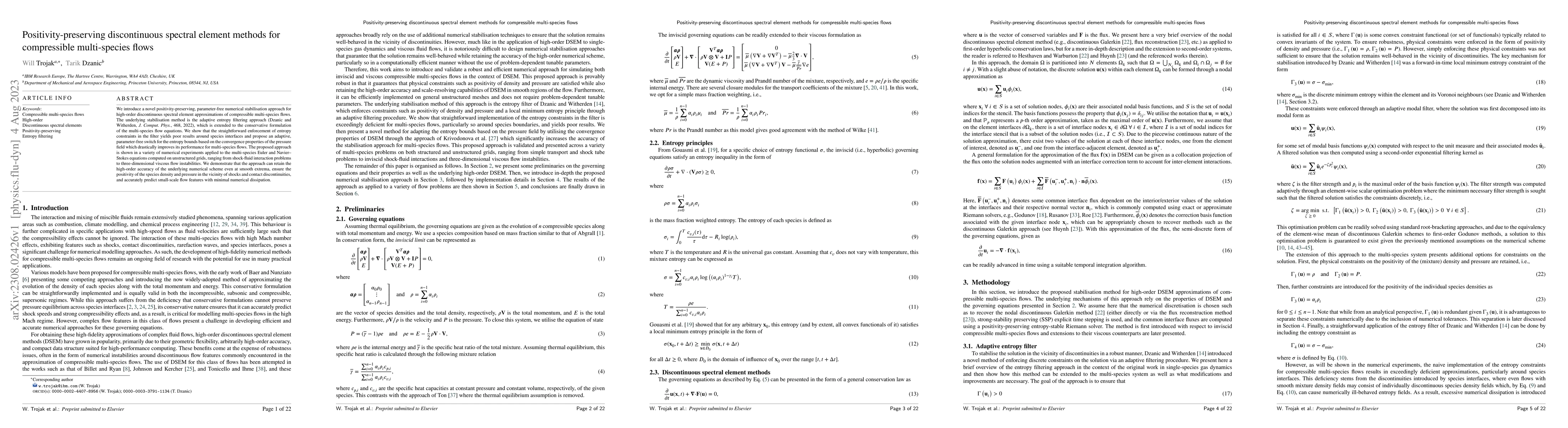 Thumbnail for Positivity-preserving discontinuous spectral element methods for
  compressible multi-species flows