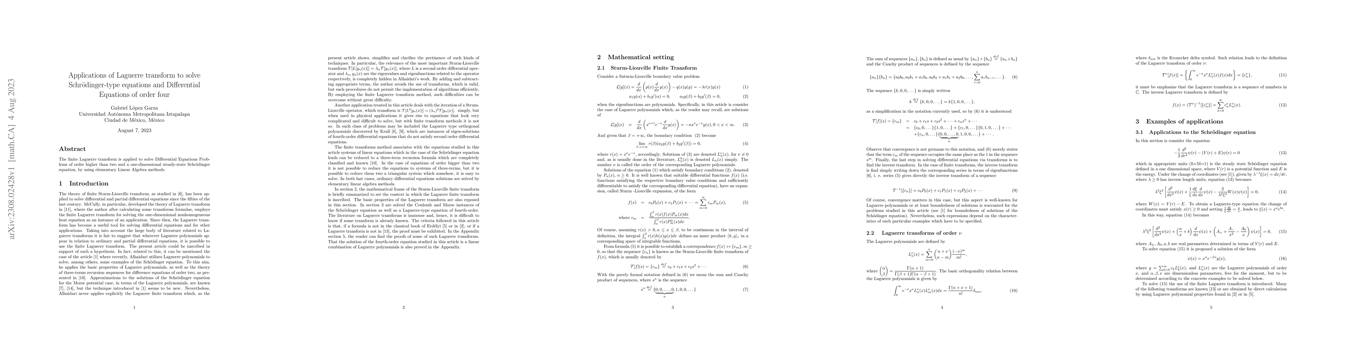 Thumbnail for Applications of Laguerre transform to solve Schr\"{o}dinger-type
  equations and Differential Equations of order four
