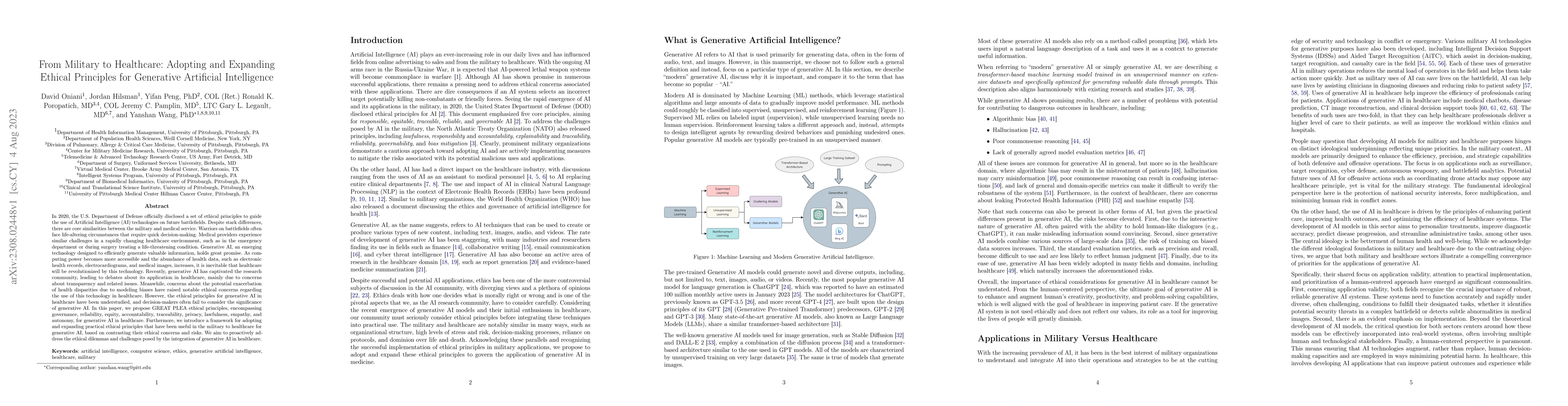Thumbnail for From Military to Healthcare: Adopting and Expanding Ethical Principles
  for Generative Artificial Intelligence