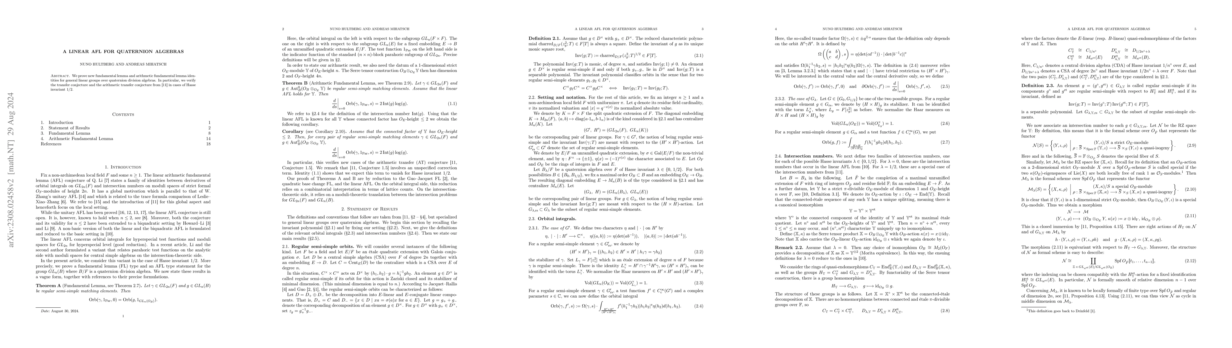 Thumbnail for A linear AFL for quaternion algebras