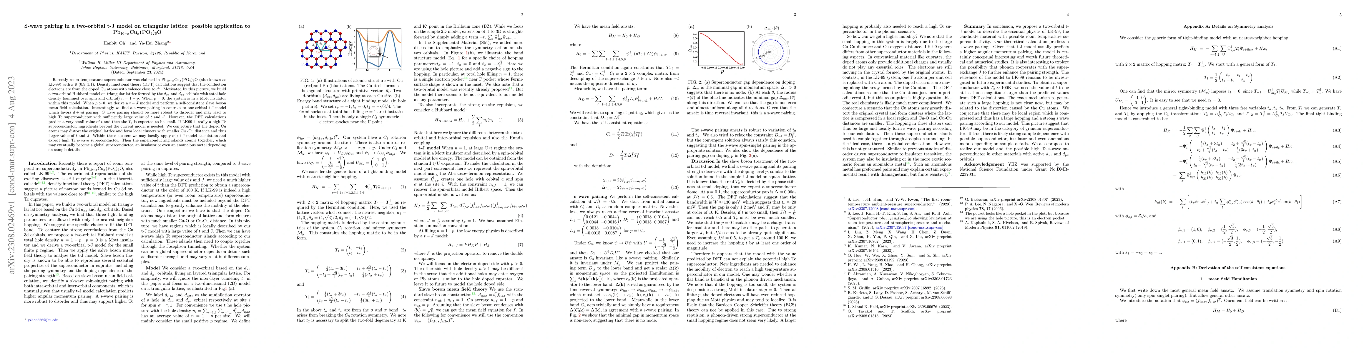 Thumbnail for S-wave pairing in a two-orbital t-J model on triangular lattice:
  possible application to Pb$_{10-x}$Cu$_x$(PO$_4$)$_6$O