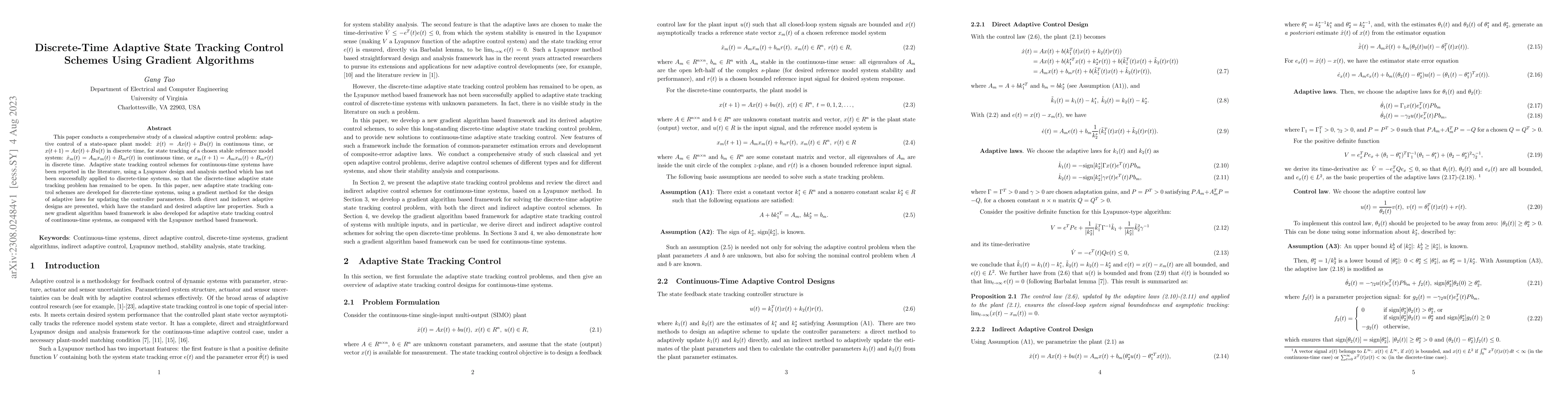 Thumbnail for Discrete-Time Adaptive State Tracking Control Schemes Using Gradient
  Algorithms