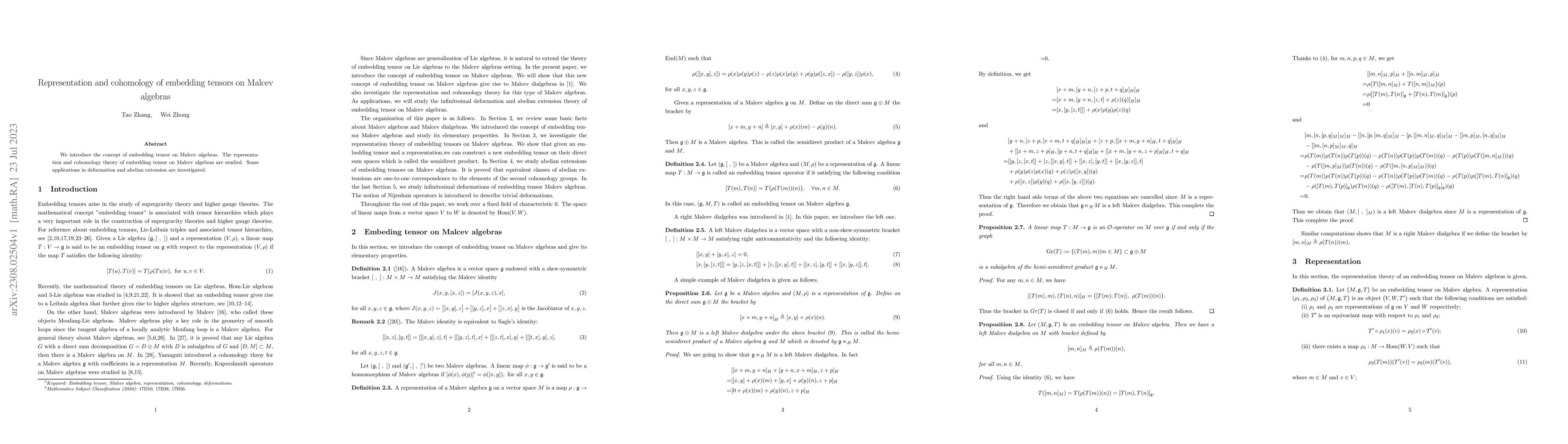 Thumbnail for Representation and cohomology of embedding tensors on Malcev algebras