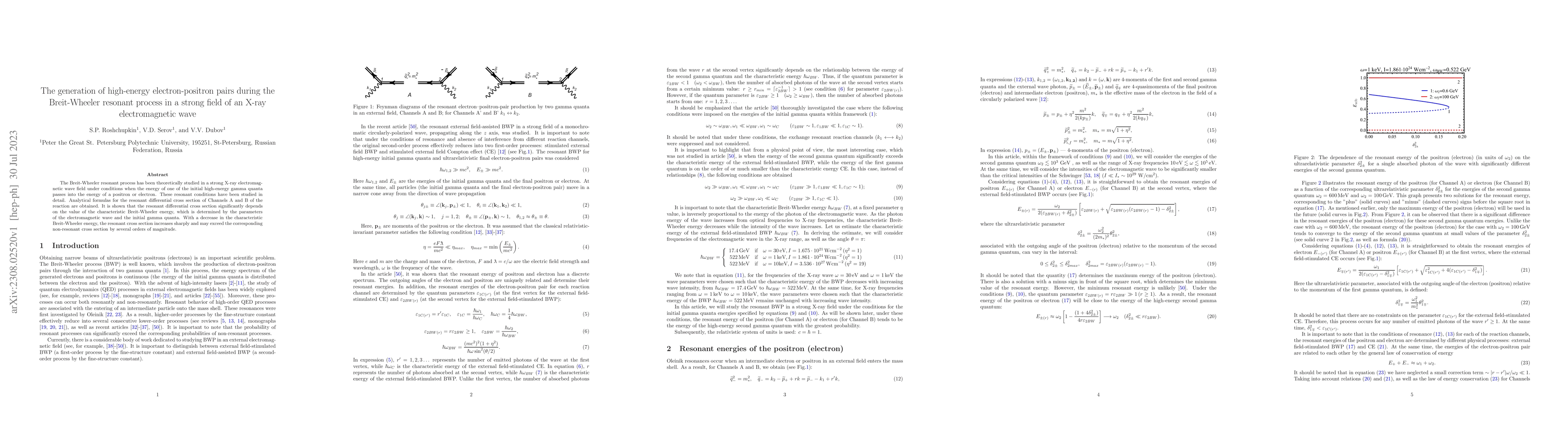 Thumbnail for The generation of high-energy electron-positron pairs during the
  Breit-Wheeler resonant process in a strong field of an X-ray electromagnetic
  wave