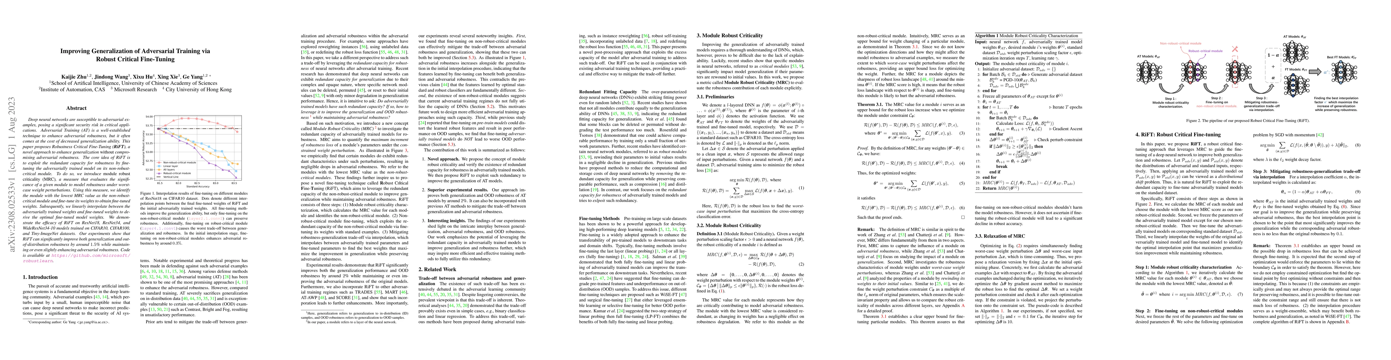 Thumbnail for Improving Generalization of Adversarial Training via Robust Critical
  Fine-Tuning