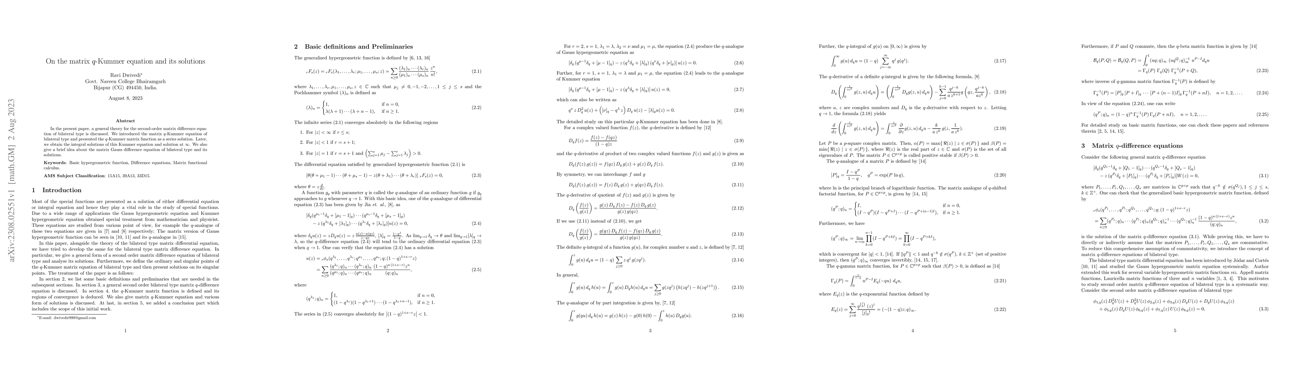 Thumbnail for On the matrix $q$-Kummer equation and its solutions